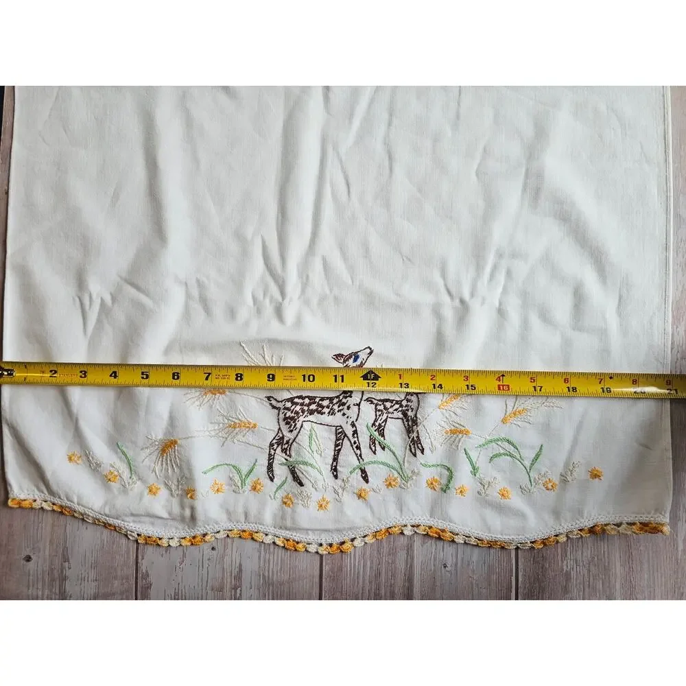 Pair~DEER Fawn Vintage White Cotton Hand Embroidered Pillowcases
